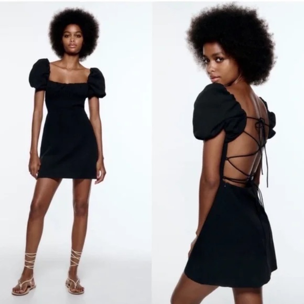 ZARA Linen Blend Puff Sleeve Tie Open Back Mini Dress Black  BNWT
